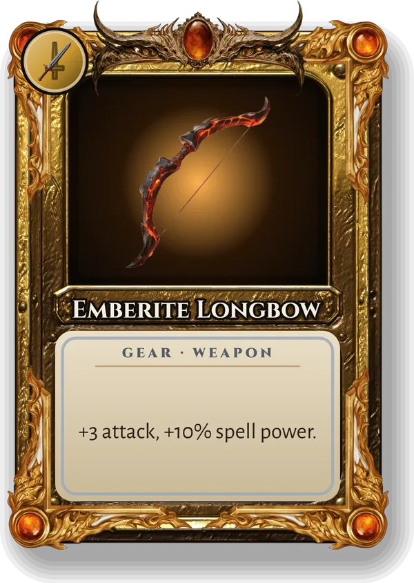 Emberite Longbow: +3 attack, +10% spell power.