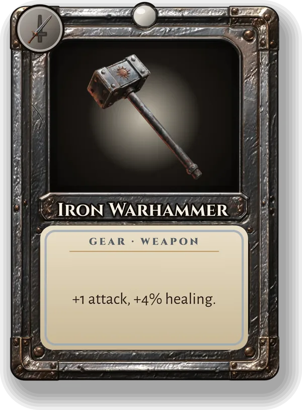 Iron Warhammer: +1 attack, +4% healing.