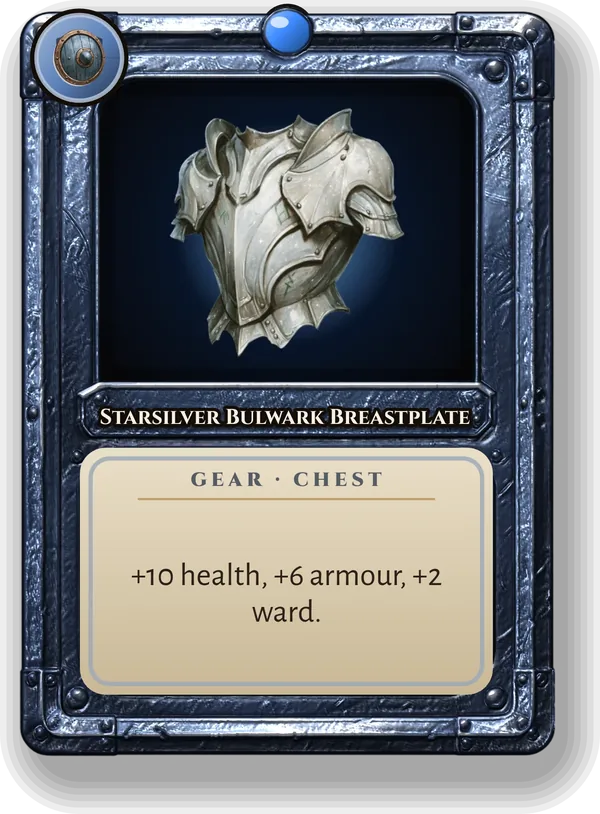 Starsilver Bulwark Breastplate: +10 health, +6 armour, +2 ward.