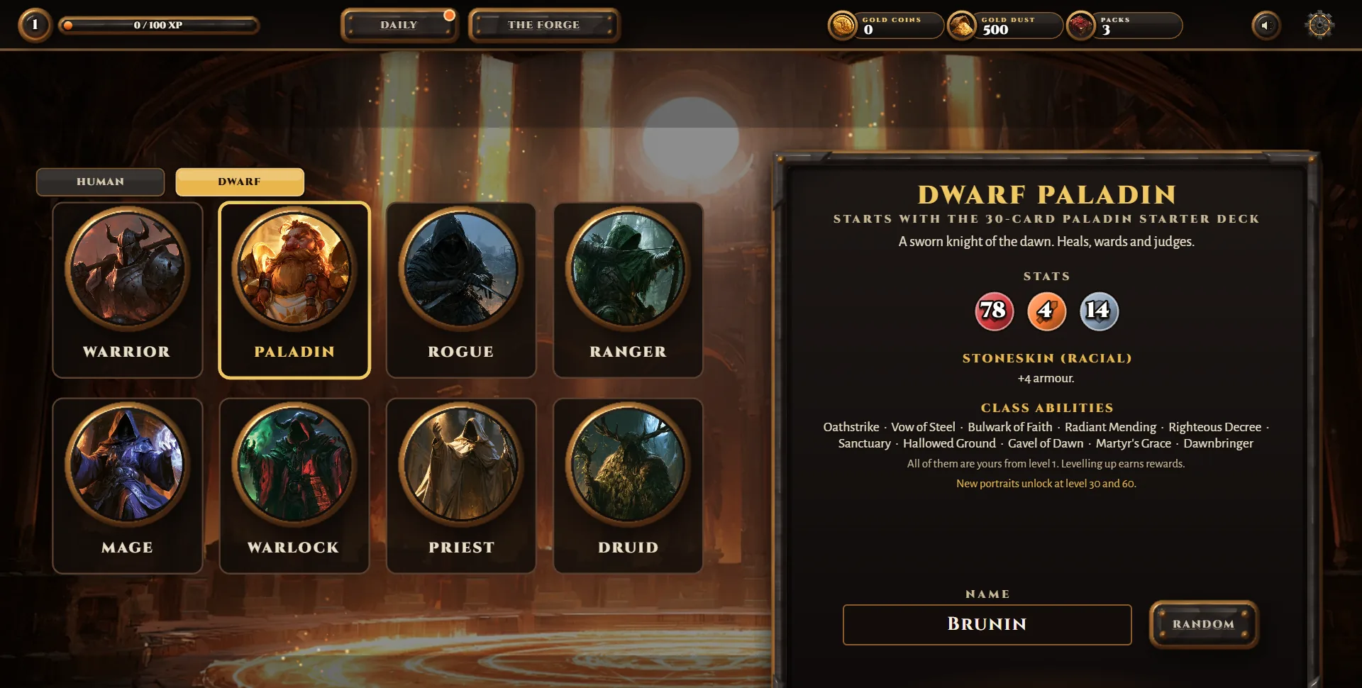 Hero creation: class, race and name